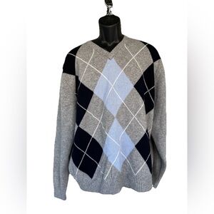DANIEL CREMIEUX Mens 100% Cashmere V Neck Sweater Gray Blue Argyle Sz XL